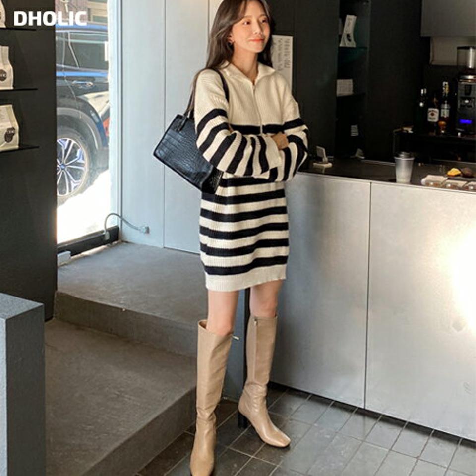 ボーダーハーフジップロングニット・全2色・t63305 レディース 【tops】韓国ファッション トップス ニット 大人 長袖 ハイネック ボーダー ハーフジップ ロングニット ウール混 シンプル 体型カバー フェミニン カジュアル デイリー 秋 冬