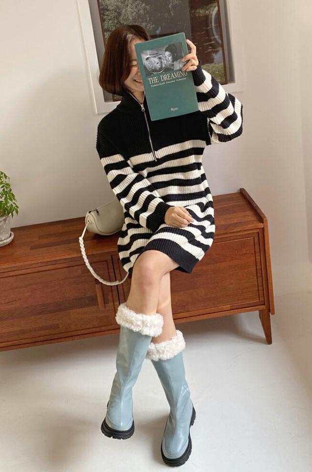 ボーダーハーフジップロングニット・全2色・t63305 レディース 【tops】韓国ファッション トップス ニット 大人 長袖 ハイネック ボーダー ハーフジップ ロングニット ウール混 シンプル 体型カバー フェミニン カジュアル デイリー 秋 冬