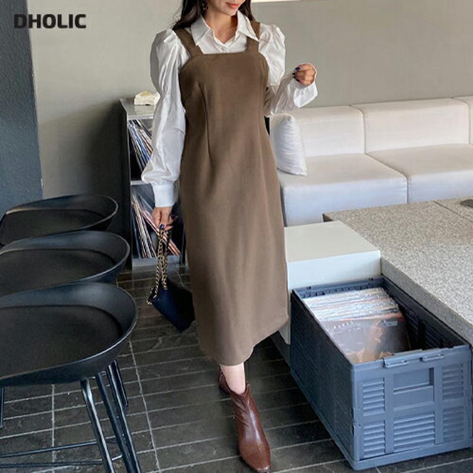 スクエアビスチェワンピース・全2色・t63324 レディース 【ops】韓国ファッション ワンピース ロングワンピース ビスチェワンピース ノースリーブ スクエアネック ストレート スリット ロング丈 無地 シンプル カジュアル 秋 冬