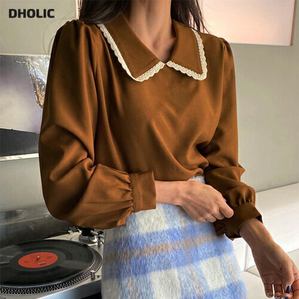 レースカラーブラウス・全3色・t63308 レディース 【bl】韓国ファッション トップス ブラウス 長袖 カラーネック レースカラー パフスリーブ カフス ボタン シンプル 大人 体型カバー カジュアル フェミニン 秋 冬