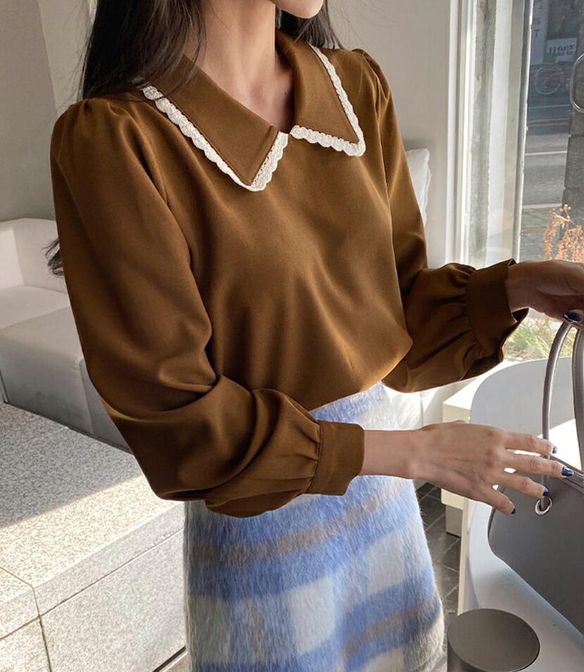 レースカラーブラウス・全3色・t63308 レディース 【bl】韓国ファッション トップス ブラウス 長袖 カラーネック レースカラー パフスリーブ カフス ボタン シンプル 大人 体型カバー カジュアル フェミニン 秋 冬