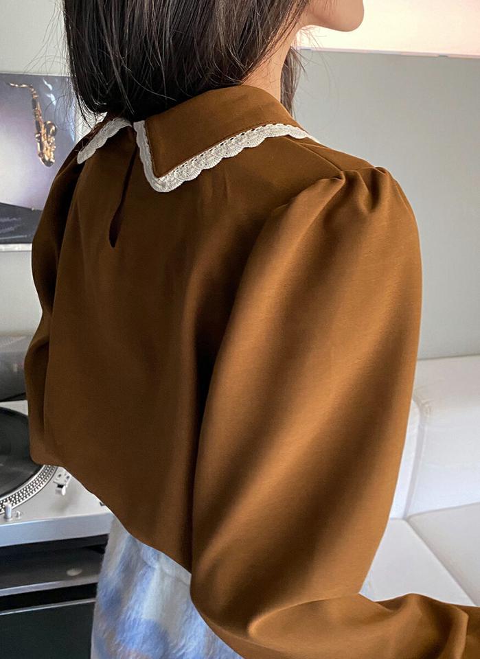 レースカラーブラウス・全3色・t63308 レディース 【bl】韓国ファッション トップス ブラウス 長袖 カラーネック レースカラー パフスリーブ カフス ボタン シンプル 大人 体型カバー カジュアル フェミニン 秋 冬