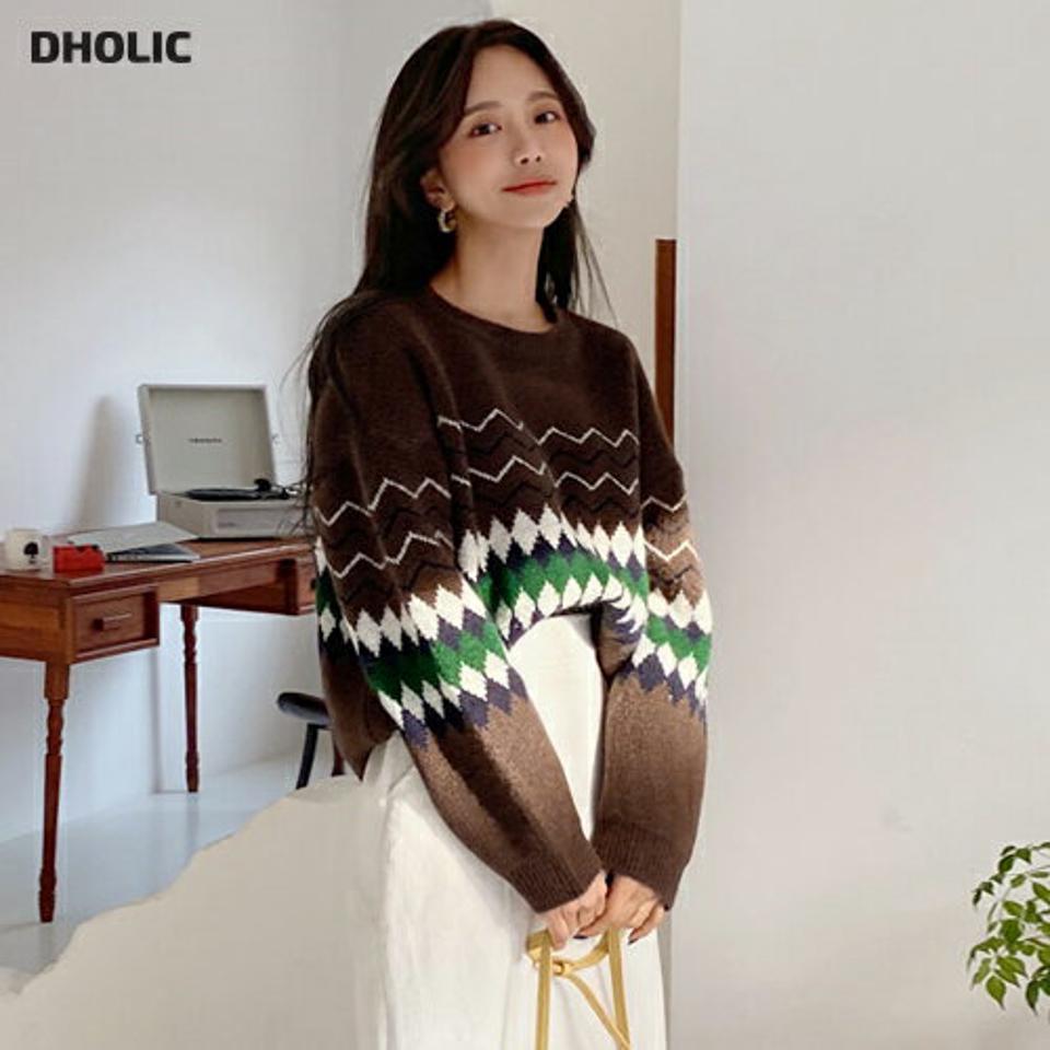 エスニックパターンラウンドニット・全3色・t63309 レディース 【tops】韓国ファッション トップス ニット 大人 長袖 ラウンドネック エスニック ギザギザ ダイヤパターン 柄ニット シンプル 体型カバー フェミニン カジュアル デイリー 秋 冬