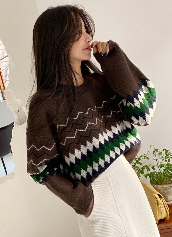 エスニックパターンラウンドニット・全3色・t63309 レディース 【tops】韓国ファッション トップス ニット 大人 長袖 ラウンドネック エスニック ギザギザ ダイヤパターン 柄ニット シンプル 体型カバー フェミニン カジュアル デイリー 秋 冬