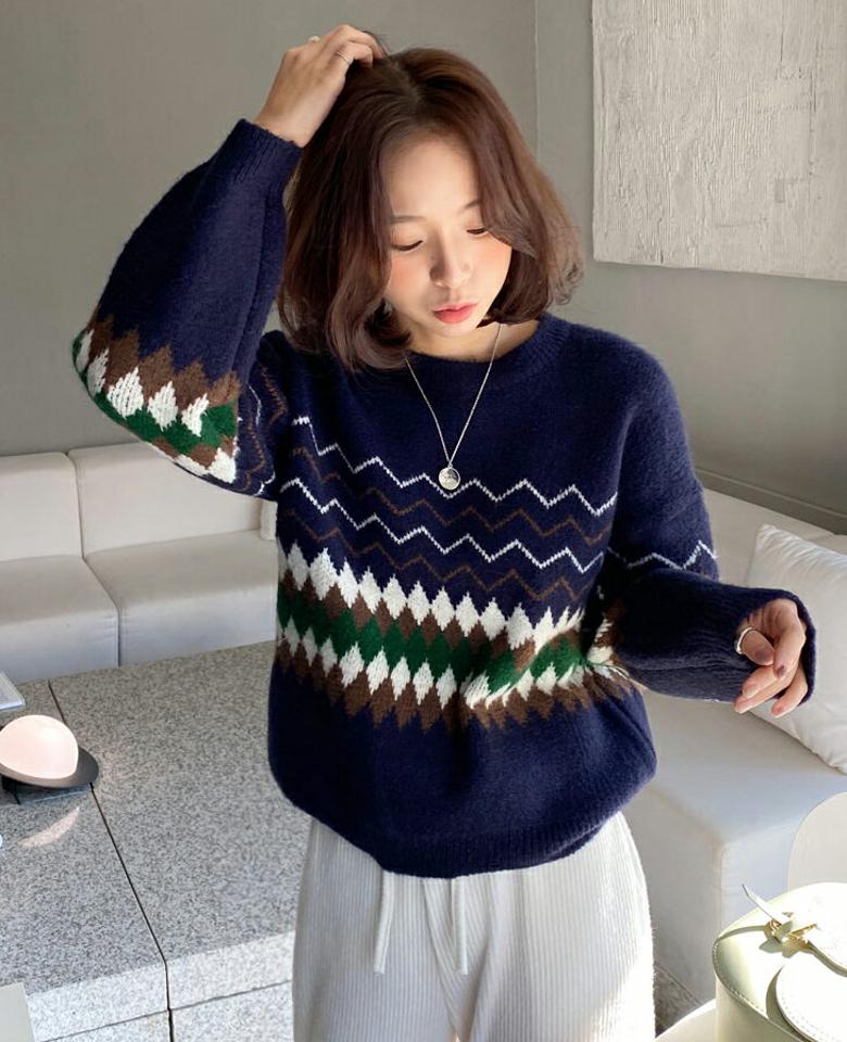 エスニックパターンラウンドニット・全3色・t63309 レディース 【tops】韓国ファッション トップス ニット 大人 長袖 ラウンドネック エスニック ギザギザ ダイヤパターン 柄ニット シンプル 体型カバー フェミニン カジュアル デイリー 秋 冬