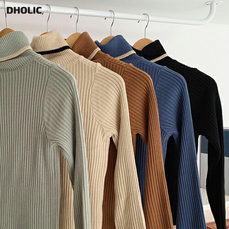 配色リブタートルネックニット・全5色・t63313 レディース 【tops】韓国ファッション トップス ニット 年上 大人 長袖 タートルネック 配色 リブ スリム アクリル 無地 シンプル フェミニン カラーニット 青 茶色 カジュアル 秋 冬