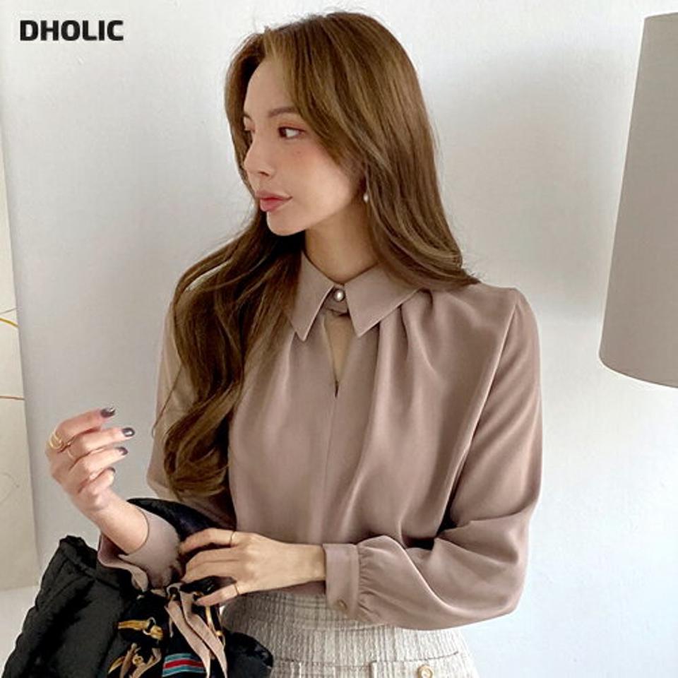 パール調ボタンスリットカラーブラウス・全3色・t00718 レディース 【bl】トップス ブラウス 長袖 スリット パールボタン 単色 無地 シンプル フェミニン スリット カットアウト 秋 冬 韓国ファッション ハイホリHIHOLLI
