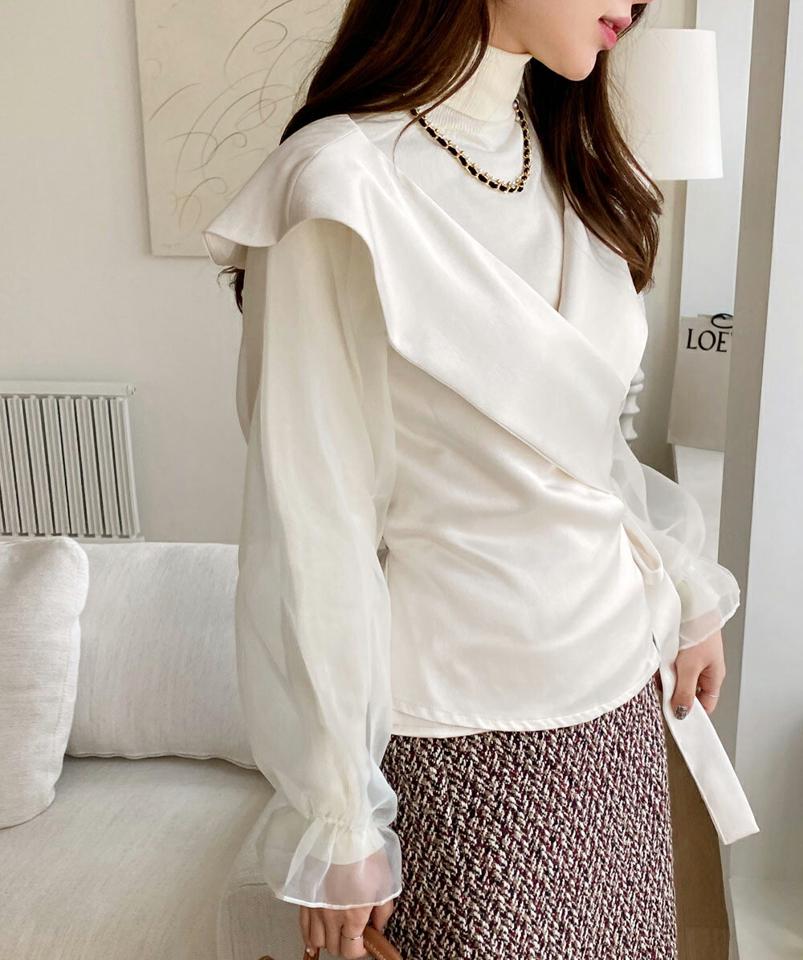 シースルースリーブラップブラウス・全2色・t00719 レディース 【bl】トップス ブラウス 長袖 透け感 シアー シースルー フェミニン 大人 きれいめ デコルテ 鎖骨 Vネック ストラップ 秋 冬 韓国ファッション ハイホリHIHOLLI