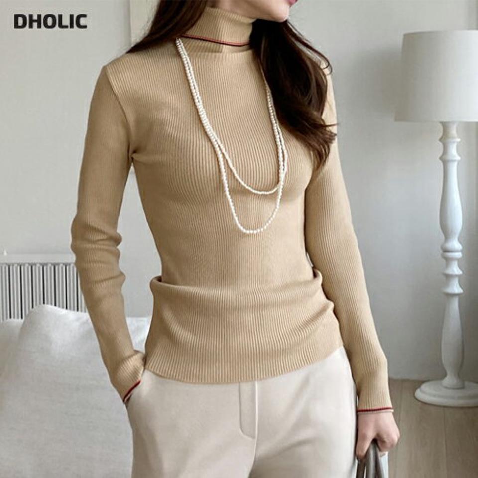 【只今10%OFF】配色ラインリブタートルニット・全4色・t00725 レディース 【tops】トップス ニット 長袖 タートルネック ハイネック 配色 シンプル カジュアル リブニット 大人 スリム 秋 冬 韓国ファッション ハイホリHIHOLLI【ニットセール】