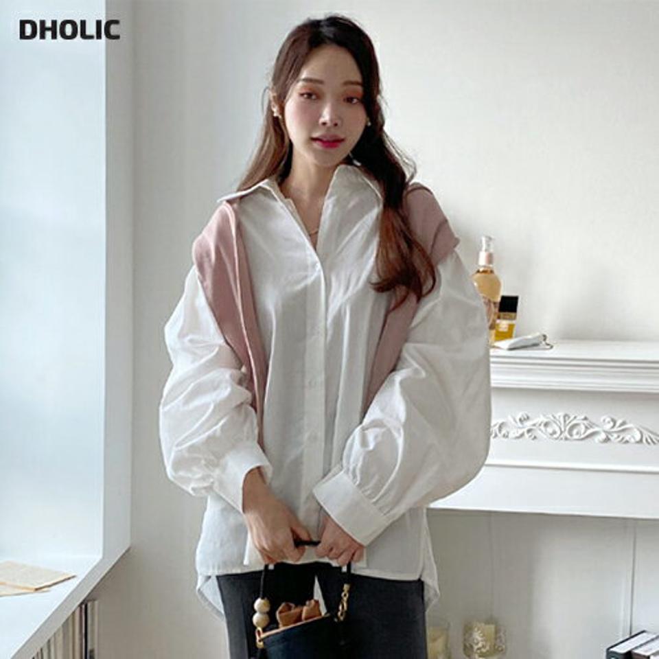 ボリュームスリーブオーバーフィットシャツ・全2色・t00720 レディース 【bl】トップス シャツ 長袖 オーバーサイズ ゆったり ラフ 単色 無地 シンプル ベーシック 大人 カジュアル ボリューム袖 華奢見せ アンバランス 秋 冬 韓国ファッション ハイホリHIHOLLI