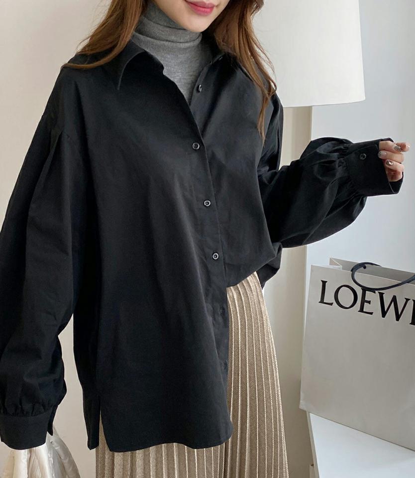 ボリュームスリーブオーバーフィットシャツ・全2色・t00720 レディース 【bl】トップス シャツ 長袖 オーバーサイズ ゆったり ラフ 単色 無地 シンプル ベーシック 大人 カジュアル ボリューム袖 華奢見せ アンバランス 秋 冬 韓国ファッション ハイホリHIHOLLI