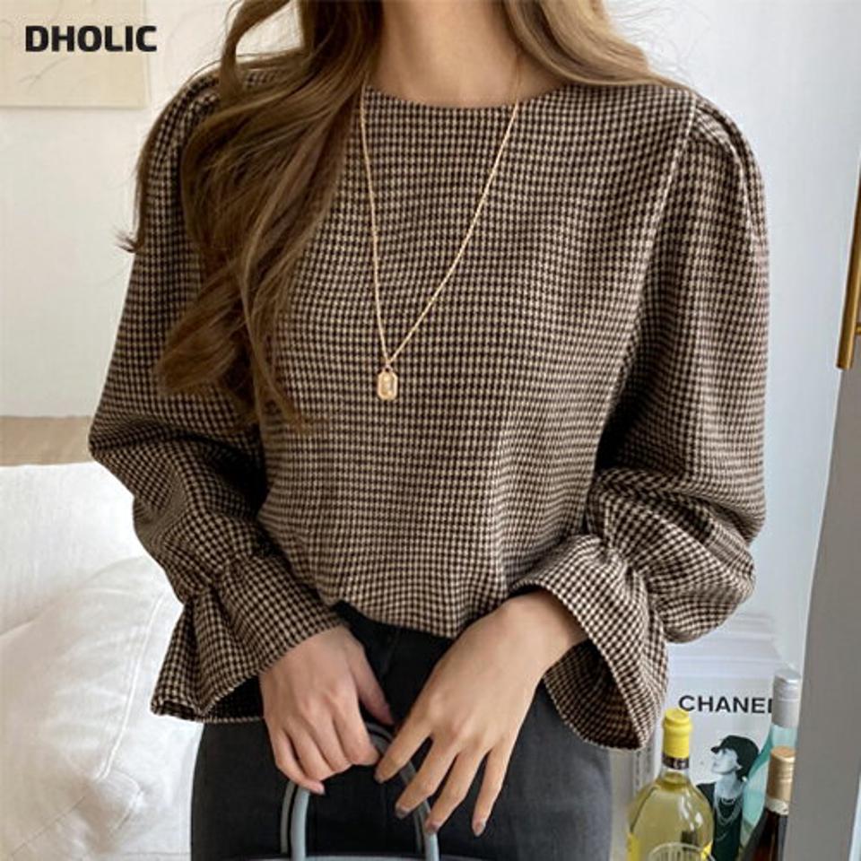 起毛ハウンドトゥースチェックブラウス・全3色・t00715 レディース 【bl】トップス ブラウス 長袖 チェック柄 千鳥柄 千鳥格子 起毛 可愛い かわいい シック 大人 パフスリーブ パフ袖 ゆったり 秋 冬 韓国ファッション ハイホリHIHOLLI