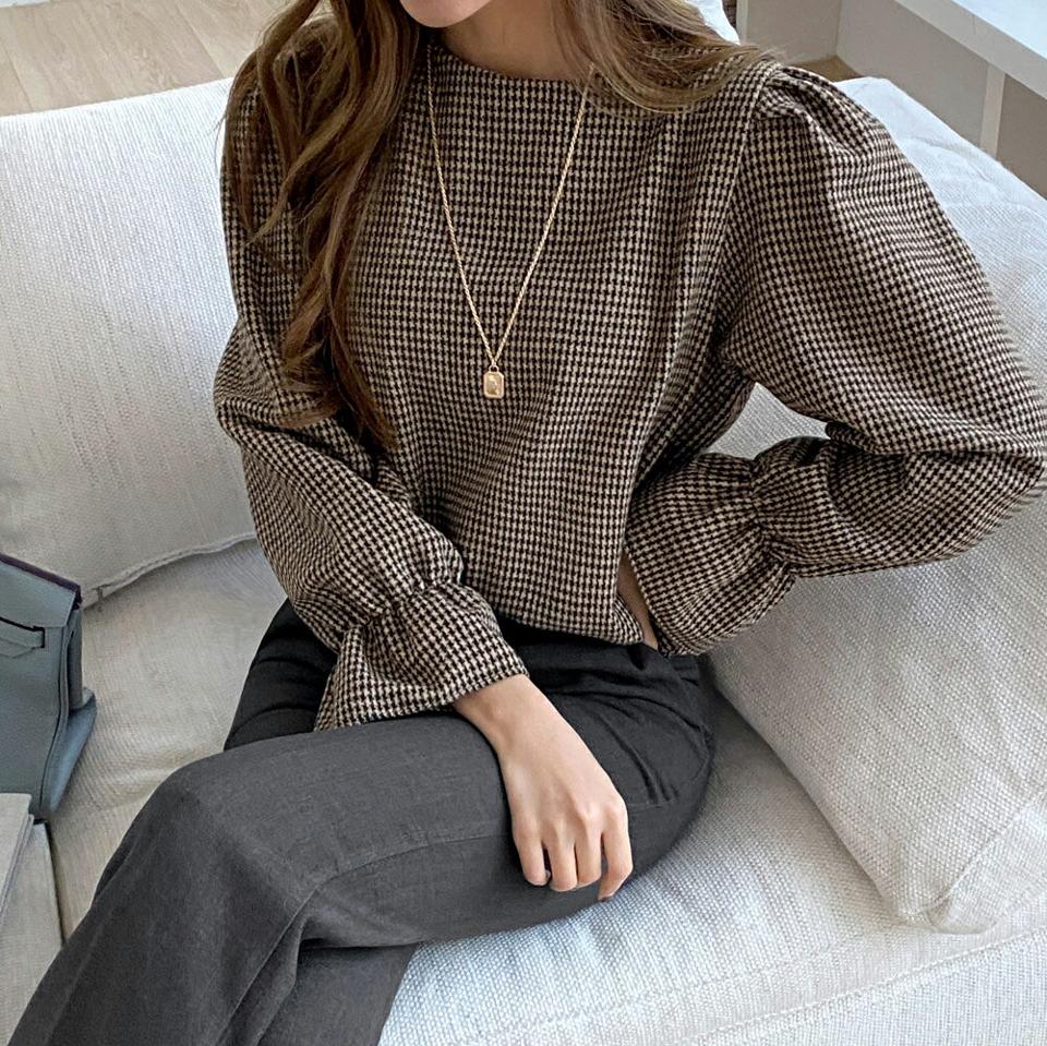 起毛ハウンドトゥースチェックブラウス・全3色・t00715 レディース 【bl】トップス ブラウス 長袖 チェック柄 千鳥柄 千鳥格子 起毛 可愛い かわいい シック 大人 パフスリーブ パフ袖 ゆったり 秋 冬 韓国ファッション ハイホリHIHOLLI