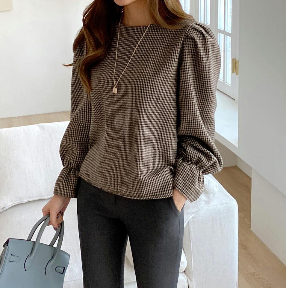 起毛ハウンドトゥースチェックブラウス・全3色・t00715 レディース 【bl】トップス ブラウス 長袖 チェック柄 千鳥柄 千鳥格子 起毛 可愛い かわいい シック 大人 パフスリーブ パフ袖 ゆったり 秋 冬 韓国ファッション ハイホリHIHOLLI