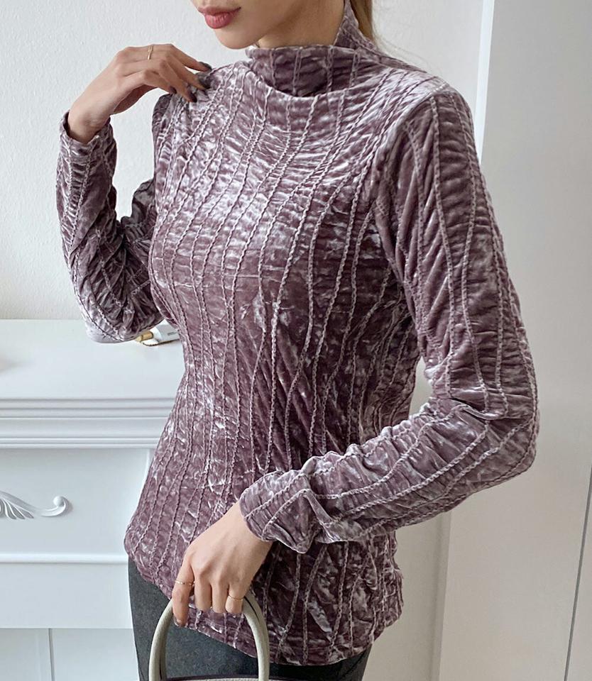 ベルベットウェーブラインハーフネックTシャツ・全4色・b00721 レディース 【tops】トップス Tシャツ 長袖 ハーフネック ベルベット シャーリング 大人 スリム ウェーブライン カジュアル 秋 冬 韓国ファッション ハイホリHIHOLLI