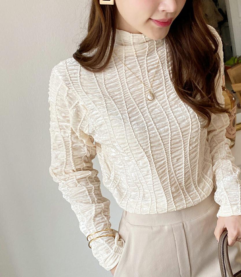 ベルベットウェーブラインハーフネックTシャツ・全4色・b00721 レディース 【tops】トップス Tシャツ 長袖 ハーフネック ベルベット シャーリング 大人 スリム ウェーブライン カジュアル 秋 冬 韓国ファッション ハイホリHIHOLLI