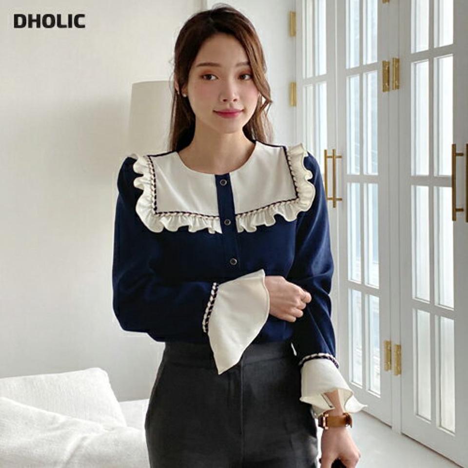 ロープラインフリルブラウス・全2色・t00714 レディース 【bl】トップス ブラウス 長袖 フリル ロープライン 襟コンシャス 袖コンシャス フェミニン 大人 ユニーク ラウンドネック かわいい 可愛い 秋 冬 韓国ファッション ハイホリHIHOLLI