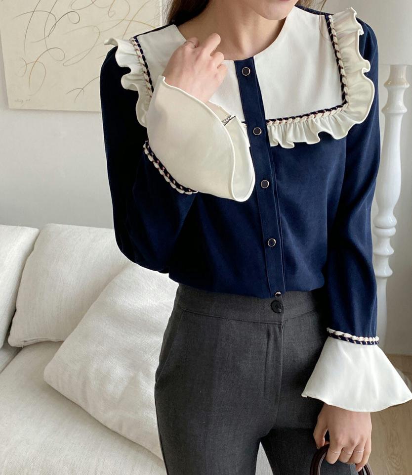 ロープラインフリルブラウス・全2色・t00714 レディース 【bl】トップス ブラウス 長袖 フリル ロープライン 襟コンシャス 袖コンシャス フェミニン 大人 ユニーク ラウンドネック かわいい 可愛い 秋 冬 韓国ファッション ハイホリHIHOLLI