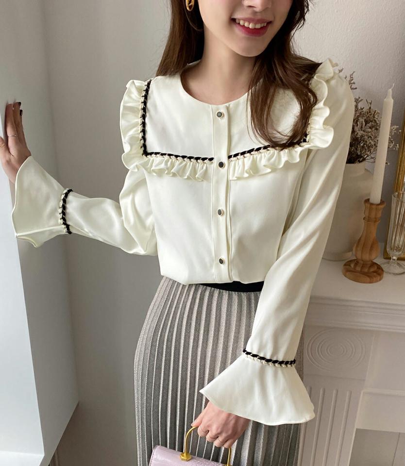 ロープラインフリルブラウス・全2色・t00714 レディース 【bl】トップス ブラウス 長袖 フリル ロープライン 襟コンシャス 袖コンシャス フェミニン 大人 ユニーク ラウンドネック かわいい 可愛い 秋 冬 韓国ファッション ハイホリHIHOLLI