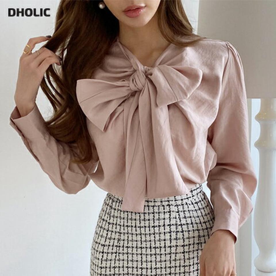 ネックストラップブラウス・全3色・b00713 レディース 【bl】トップス ブラウス 長袖 りぼん 襟コンシャス フェミニン 光沢感 上品 大人 かわいい 可愛い ギャザー ピンク 秋 冬 韓国ファッション ハイホリHIHOLLI