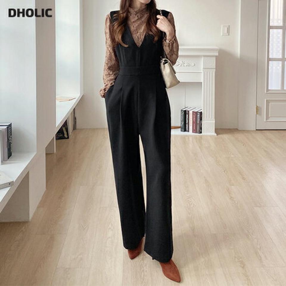 【送料無料】ディープVネックワイドオールインワン・全2色・b00730 レディース 【pt】オールインワン パンツ ロングパンツ ワイド Vネック レイヤード スリーブレス ノースリーブ 単色 無地 シンプル 秋 冬 韓国ファッション ハイホリHIHOLLI