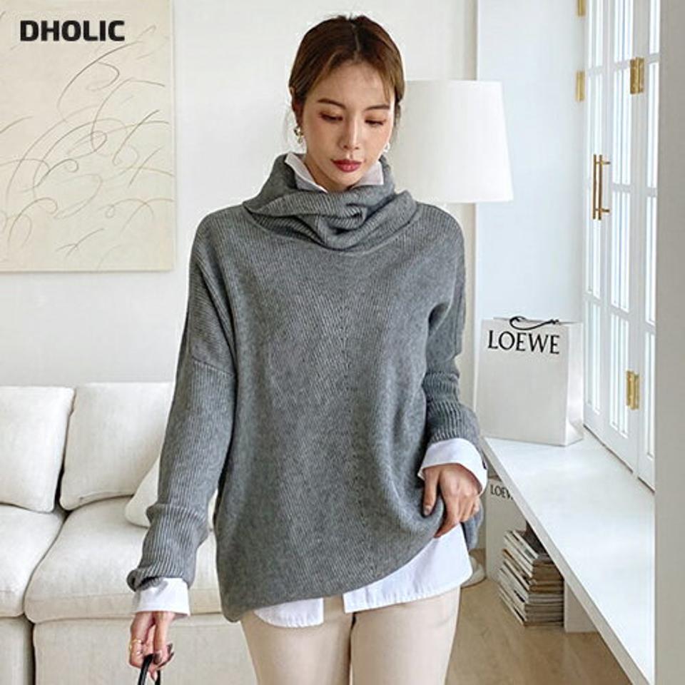 バイアス編みタートルロングニット・全4色・t00726 レディース 【tops】トップス ニット 長袖 ロング丈 タートルネック ハイネック 単色 シンプル カジュアル リブニット ラフ 大人 モダール 秋 冬 韓国ファッション ハイホリHIHOLLI