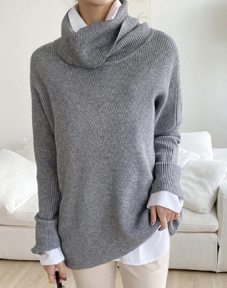 バイアス編みタートルロングニット・全4色・t00726 レディース 【tops】トップス ニット 長袖 ロング丈 タートルネック ハイネック 単色 シンプル カジュアル リブニット ラフ 大人 モダール 秋 冬 韓国ファッション ハイホリHIHOLLI