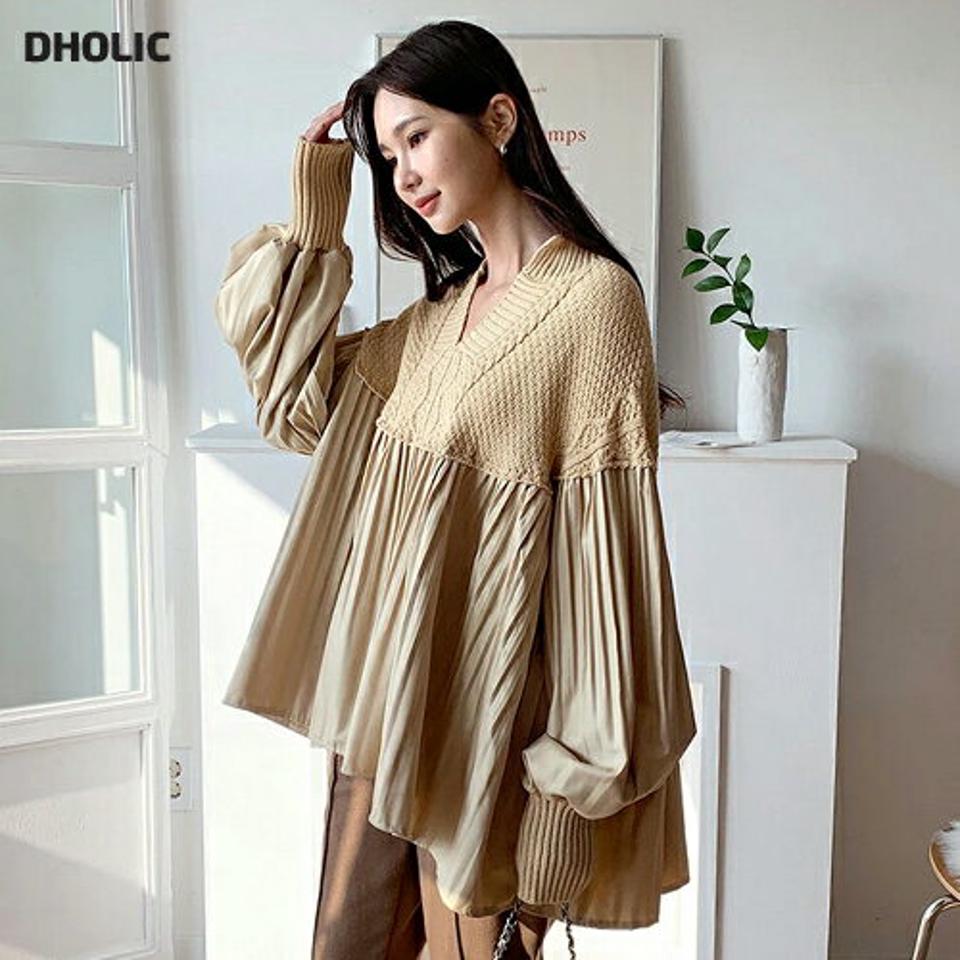 【只今10%OFF】プリーツブラウスドッキングニット・全4色・b62971 レディース 【tops】韓国ファッション トップス ブラウス 長袖 Vネック ニットドッキング プリーツ ケーブル編み リブ スリット シンプル 大人 体型カバー カジュアル フェミニン 秋 冬【ニットセール】