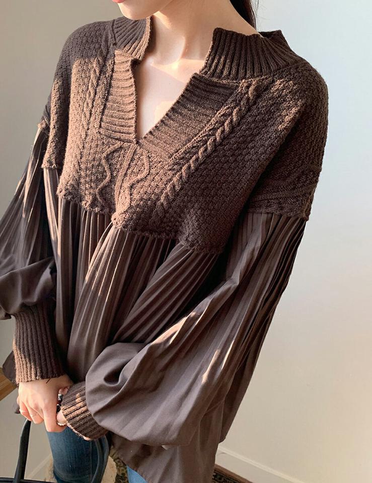 【只今10%OFF】プリーツブラウスドッキングニット・全4色・b62971 レディース 【tops】韓国ファッション トップス ブラウス 長袖 Vネック ニットドッキング プリーツ ケーブル編み リブ スリット シンプル 大人 体型カバー カジュアル フェミニン 秋 冬【ニットセール】