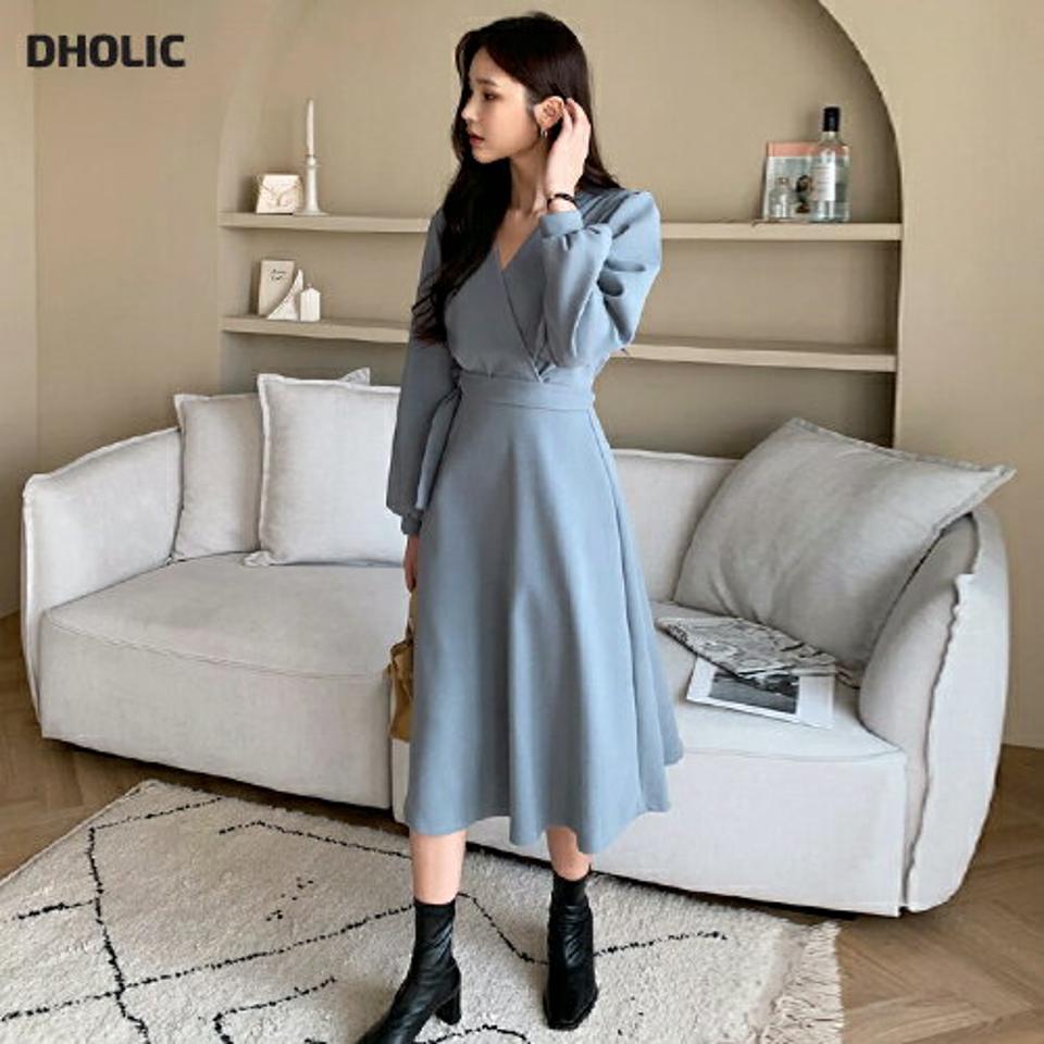 カシュクールフレアワンピース・全2色・t62974 レディース 【ops】韓国ファッション ワンピース ロング ロングワンピース 長袖 Vネック カシュクール フレア リボン ロング丈 無地 シンプル 体型カバー カジュアル 秋 冬