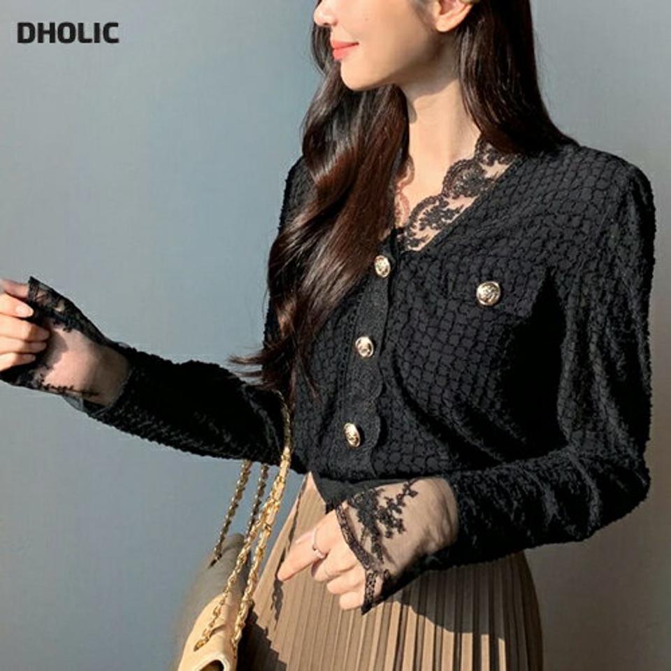 スカラップレースパフブラウス・全2色・b62999 レディース 【bl】韓国ファッション トップス ブラウス 長袖 スカラップレース カフス 襟コン パフスリーブ ポケット シンプル 大人 カジュアル フェミニン 秋 冬