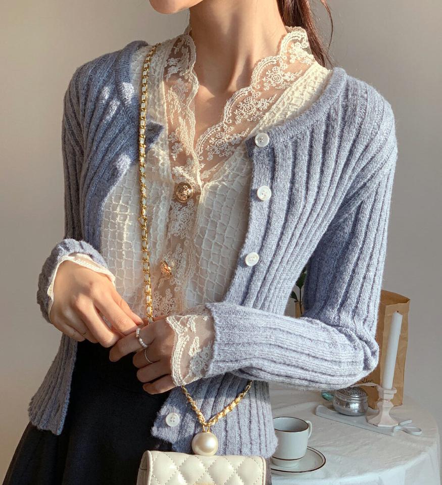 スカラップレースパフブラウス・全2色・b62999 レディース 【bl】韓国ファッション トップス ブラウス 長袖 スカラップレース カフス 襟コン パフスリーブ ポケット シンプル 大人 カジュアル フェミニン 秋 冬