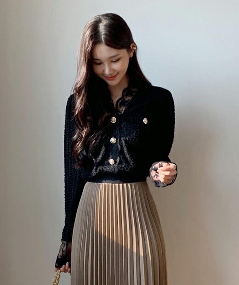 スカラップレースパフブラウス・全2色・b62999 レディース 【bl】韓国ファッション トップス ブラウス 長袖 スカラップレース カフス 襟コン パフスリーブ ポケット シンプル 大人 カジュアル フェミニン 秋 冬