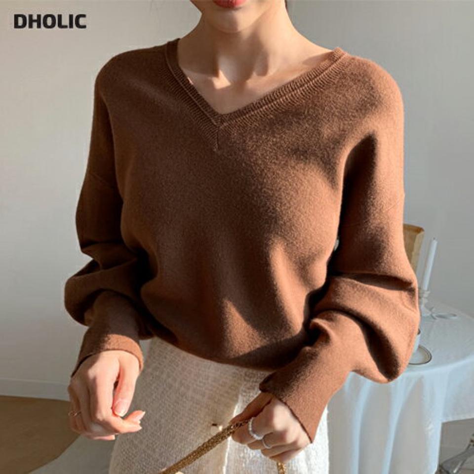 2WAYリボンVネックニット・全3色・b62964 レディース 【tops】韓国ファッション トップス ニット 大人 長袖 Vネック リボン バルーン ウール混 リボン 2WAY 無地 シンプル 体型カバー フェミニン カジュアル 秋 冬
