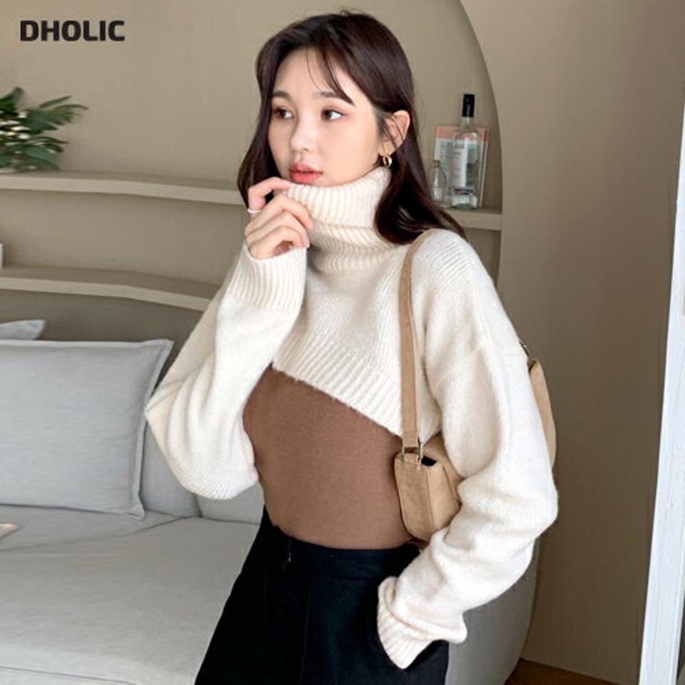 ボレロ風タートルネックニット・全6色・t62975 レディース 【tops】韓国ファッション トップス ニット 大人 長袖 タートルネック ボレロ風 クロップド丈 アンバランス丈 ラウンドカット 無地 シンプル 体型カバー フェミニン カジュアル 秋 冬