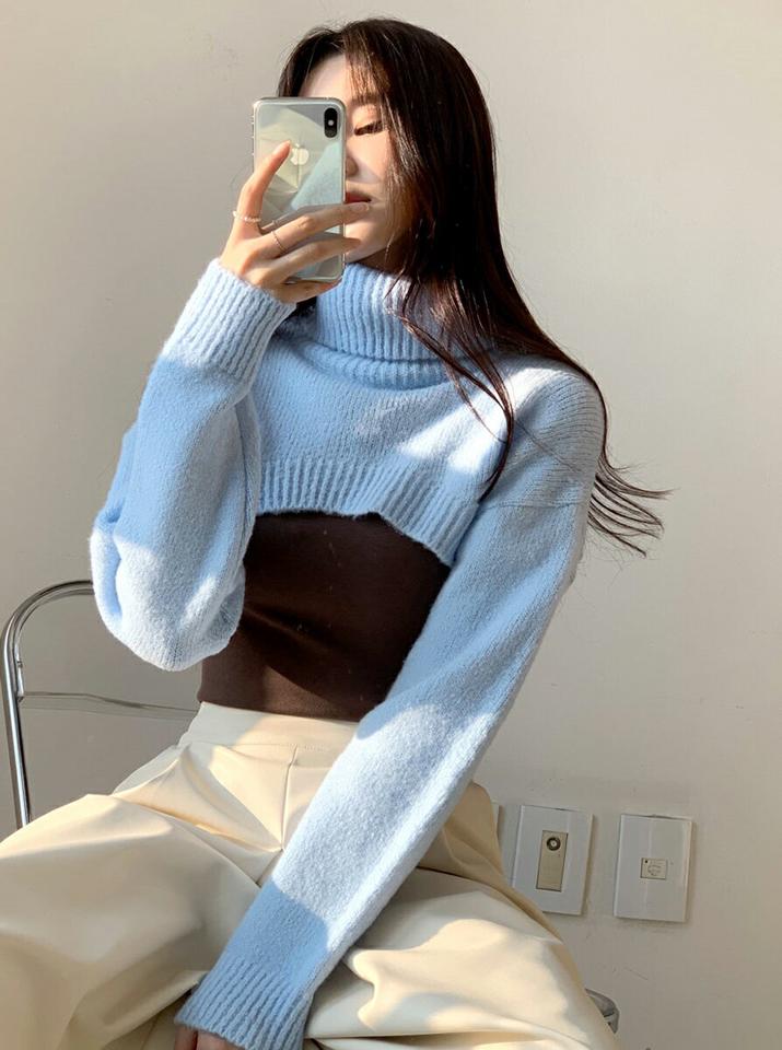 ボレロ風タートルネックニット・全6色・t62975 レディース 【tops】韓国ファッション トップス ニット 大人 長袖 タートルネック ボレロ風 クロップド丈 アンバランス丈 ラウンドカット 無地 シンプル 体型カバー フェミニン カジュアル 秋 冬