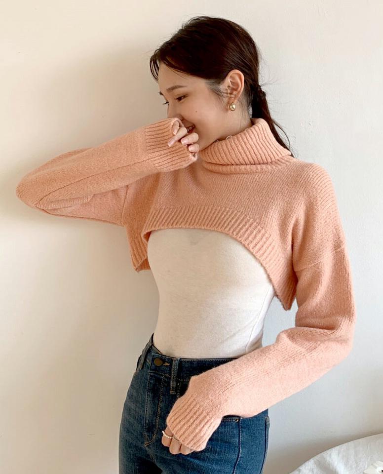 ボレロ風タートルネックニット・全6色・t62975 レディース 【tops】韓国ファッション トップス ニット 大人 長袖 タートルネック ボレロ風 クロップド丈 アンバランス丈 ラウンドカット 無地 シンプル 体型カバー フェミニン カジュアル 秋 冬