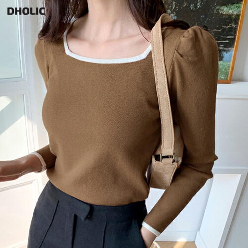 【只今10%OFF】配色スクエアパフニット・全3色・b62965 レディース 【tops】韓国ファッション トップス ニット 大人 長袖 スクエアネック 配色 パフスリーブ スリム デコルテ 異素材 シンプル 体型カバー フェミニン カジュアル 秋 冬【ニットセール】