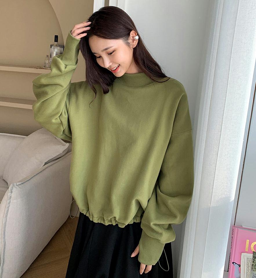 裏起毛ハーフネックスウェット・全3色・t62963 レディース 【tops】韓国ファッション トップス スウェット 大人 長袖 ラウンドネック 裏起毛 ルーズ フィンガーホール ストリング 無地 シンプル 体型カバー フェミニン カジュアル 秋 冬