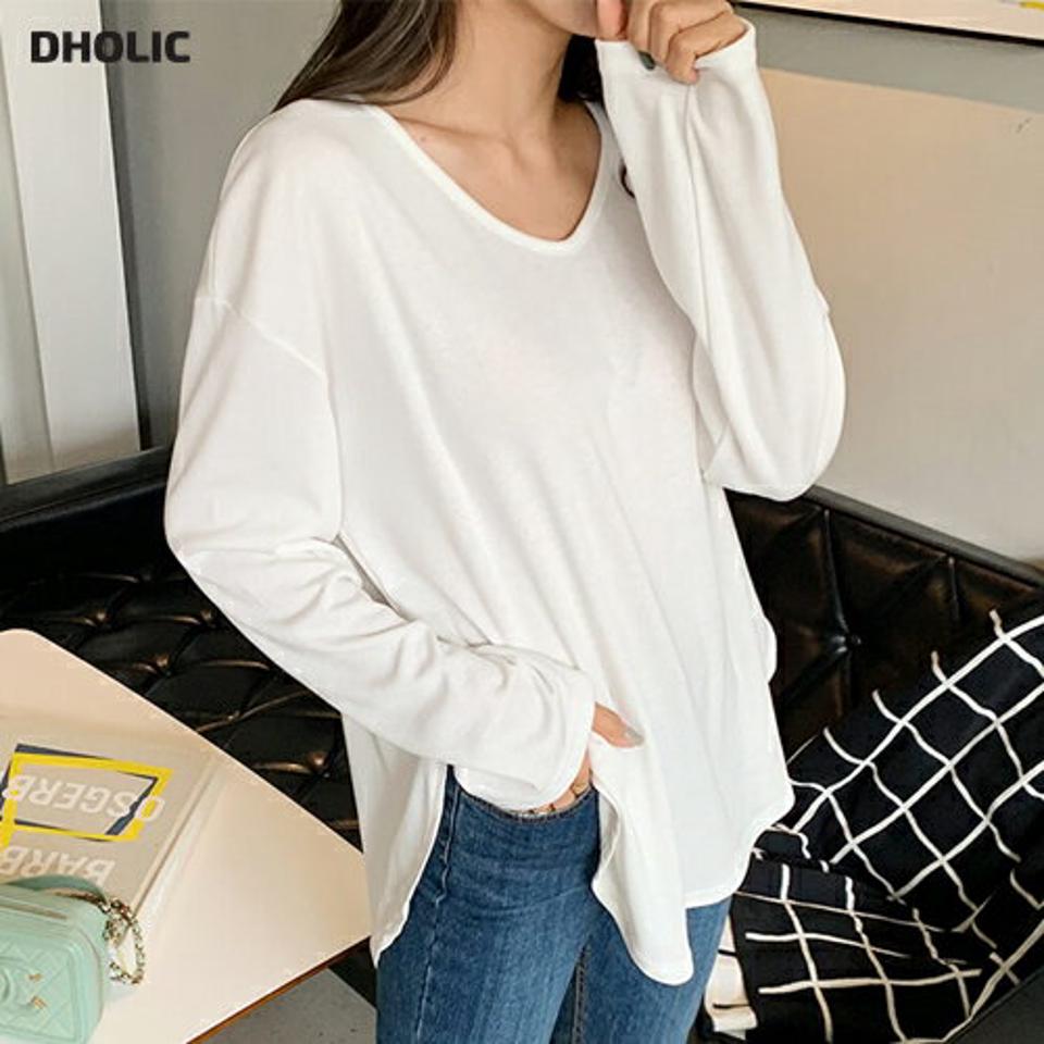 裏起毛VネックスリットTシャツ・全3色・b65829 レディース 【tops】韓国ファッション トップス Tシャツ 大人 長袖 Vネック 裏起毛 無地 シンプル ルーズ スリット アンバランス 体型カバー フェミニン カジュアル デイリー 秋 冬