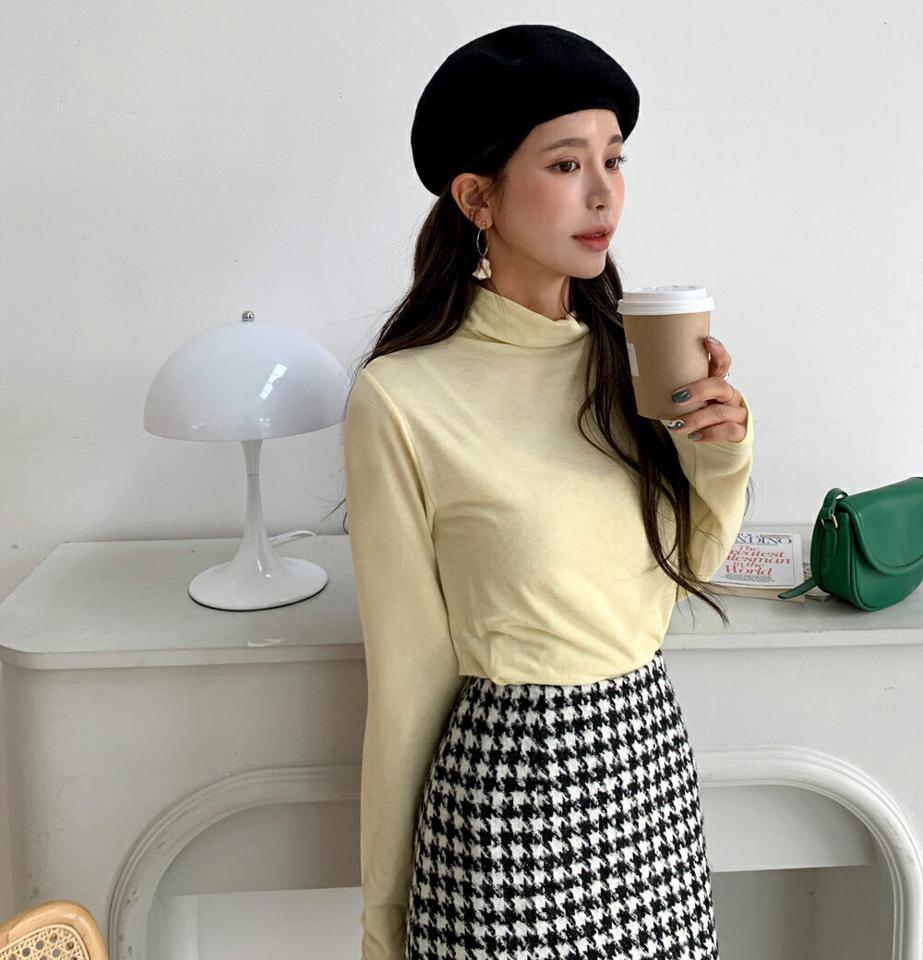 ハーフネックTシャツ・全6色・t65863 レディース 【tops】韓国ファッション トップス Tシャツ 大人 長袖 ハーフネック 無地 ベーシック シンプル スリム ウール混 体型カバー フェミニン カジュアル デイリー 秋 冬