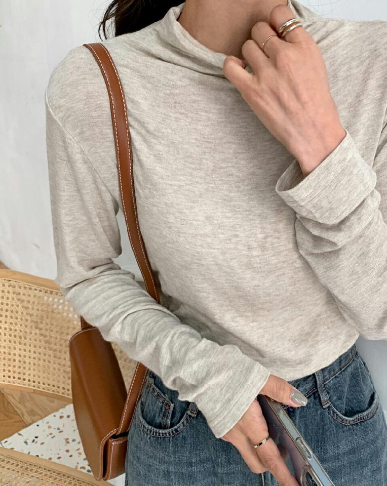 ハーフネックTシャツ・全6色・t65863 レディース 【tops】韓国ファッション トップス Tシャツ 大人 長袖 ハーフネック 無地 ベーシック シンプル スリム ウール混 体型カバー フェミニン カジュアル デイリー 秋 冬