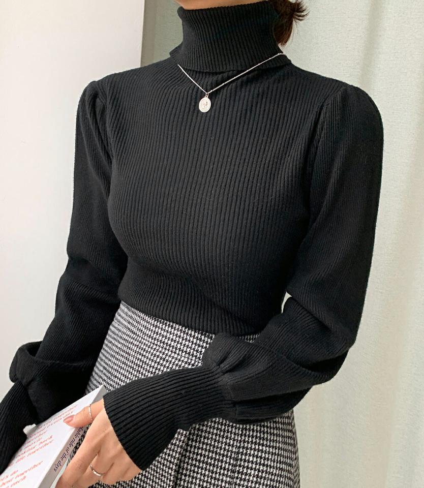 ≪人気商品再入荷≫スリムパフタートルネックニット・全4色・b65865 レディース 【tops】韓国ファッション トップス ニット 大人 長袖 タートルネック パフスリーブ 無地 シンプル カフス スリム 体型カバー フェミニン カジュアル 秋 冬