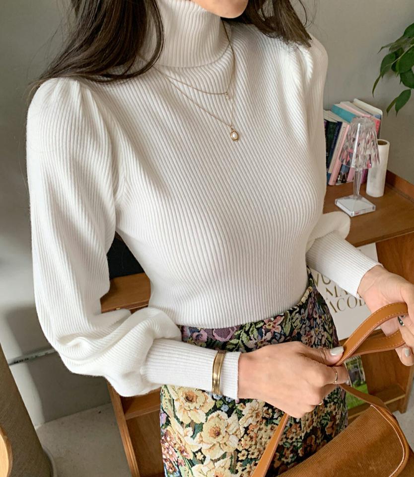 ≪人気商品再入荷≫スリムパフタートルネックニット・全4色・b65865 レディース 【tops】韓国ファッション トップス ニット 大人 長袖 タートルネック パフスリーブ 無地 シンプル カフス スリム 体型カバー フェミニン カジュアル 秋 冬