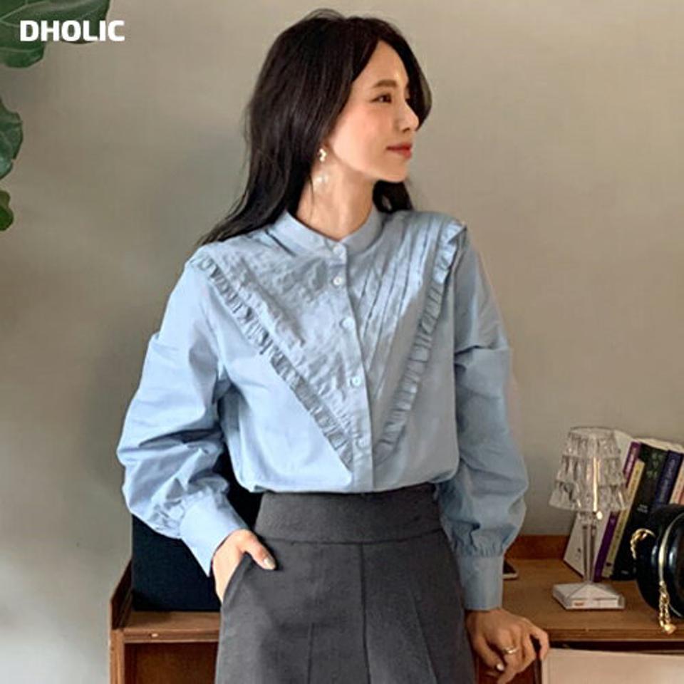 フリルタックブラウス・全3色・t65840 レディース 【bl】韓国ファッション トップス ブラウス 長袖 バンドカラー フリル タック ボタン パフ 無地 シンプル 大人 カジュアル フェミニン 水色 秋 冬