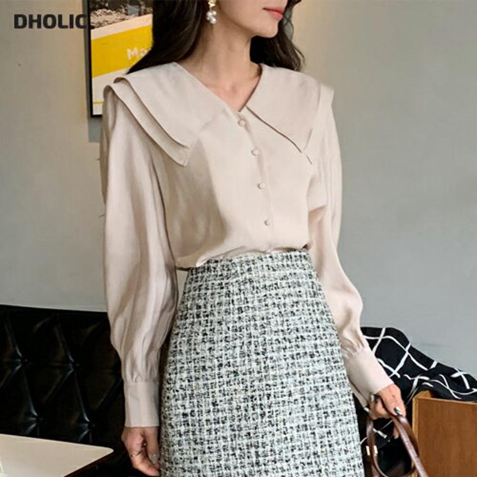 ダブルカラーブラウス・全3色・t65841 レディース 【bl】韓国ファッション トップス ブラウス 長袖 カラーネック ダブルカラー パフスリーブ ボタン 無地 シンプル 大人 体型カバー カジュアル フェミニン 秋 冬