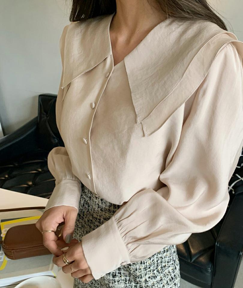 ダブルカラーブラウス・全3色・t65841 レディース 【bl】韓国ファッション トップス ブラウス 長袖 カラーネック ダブルカラー パフスリーブ ボタン 無地 シンプル 大人 体型カバー カジュアル フェミニン 秋 冬