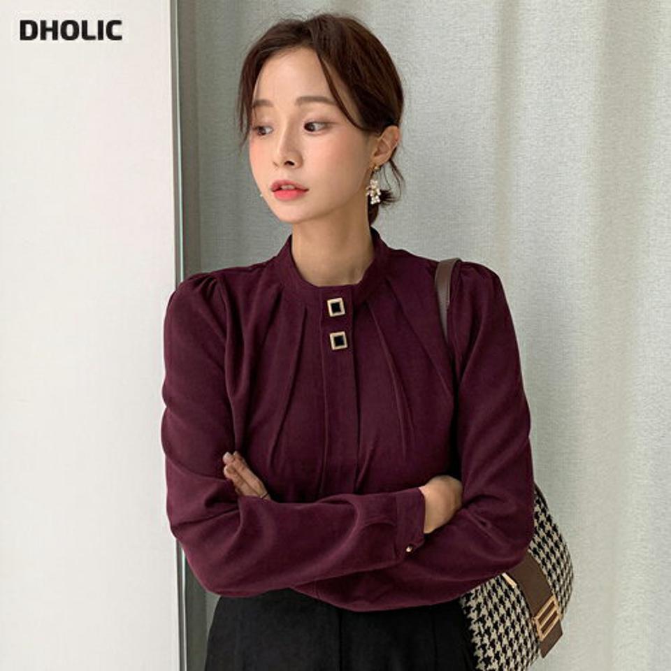 【スーパーセール特価】ピーチ起毛ツースクエアボタンブラウス・全4色・b65859 レディース 【bl】韓国ファッション トップス ブラウス 長袖 バンドカラー ピーチ起毛 ツースクエアボタン パフスリーブ 無地 シンプル 大人 体型カバー カジュアル フェミニン 秋 冬