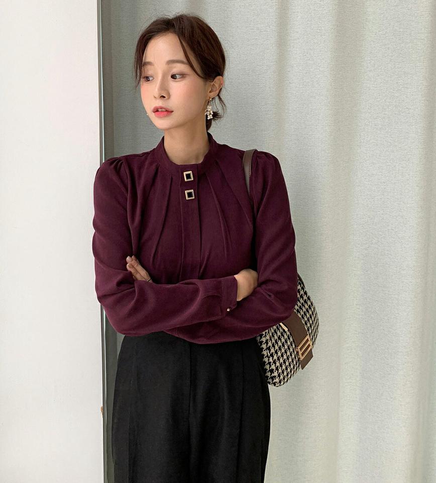 【スーパーセール特価】ピーチ起毛ツースクエアボタンブラウス・全4色・b65859 レディース 【bl】韓国ファッション トップス ブラウス 長袖 バンドカラー ピーチ起毛 ツースクエアボタン パフスリーブ 無地 シンプル 大人 体型カバー カジュアル フェミニン 秋 冬