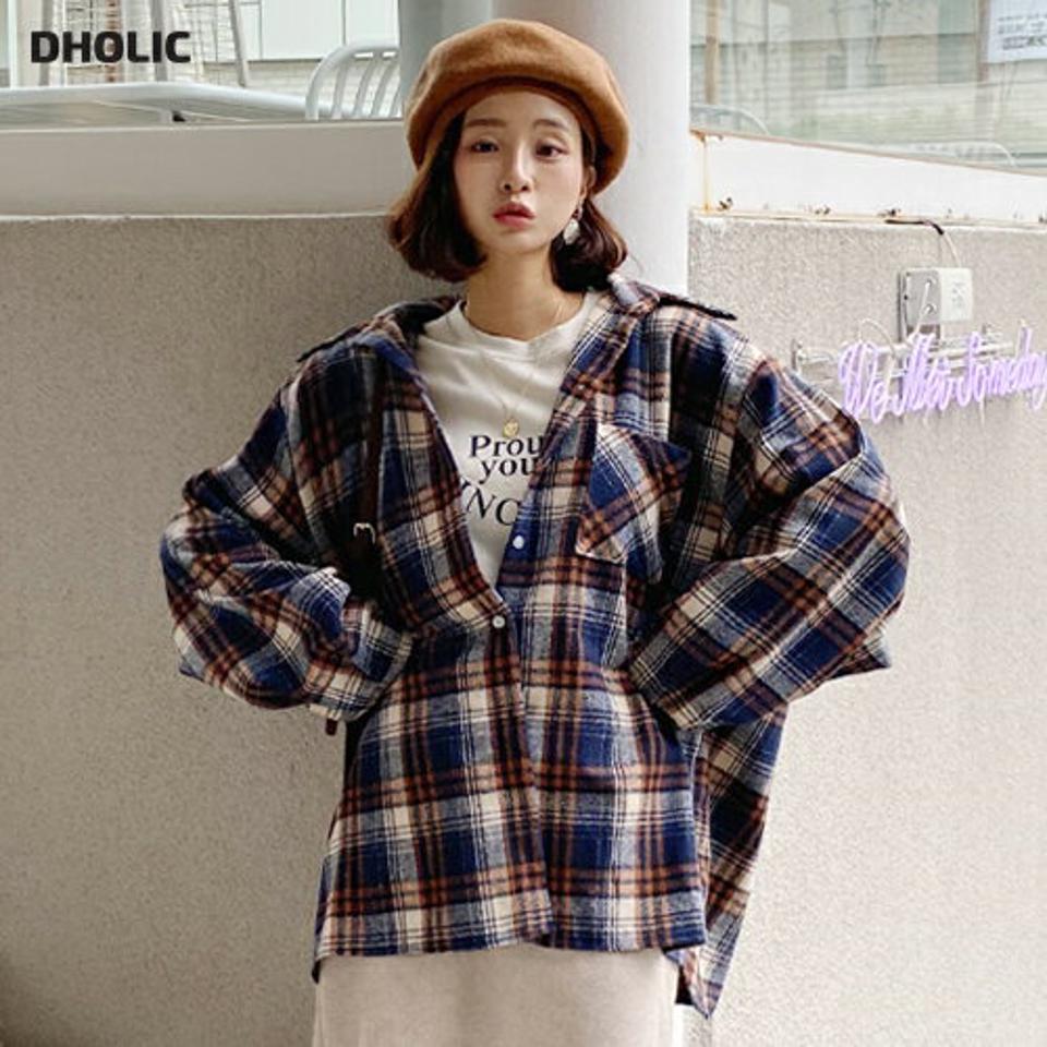 チェックオーバーフィットシャツ・全2色・t65860 レディース 【bl】韓国ファッション トップス シャツ 長袖 カラーネック チェック オーバーサイズ ロング丈 ボタン ポケット カジュアル ルーズ 体型カバー ガーリー 秋 冬
